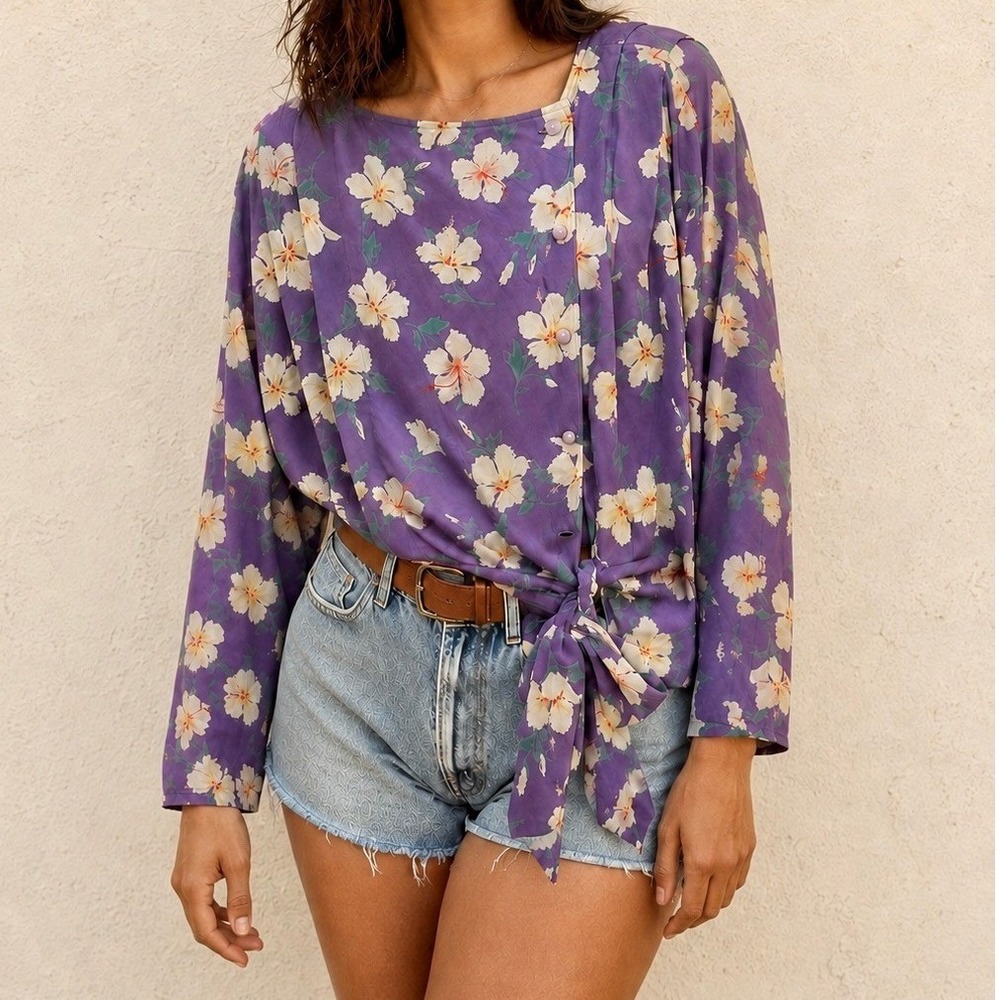 Vintage 1980s Emanuel Ungaro M L Purple Floral Silk Blouse Designer Luxury
